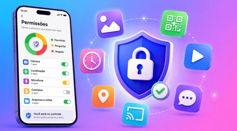 Tela de celular mostrando permissões de aplicativos e opções de privacidade
